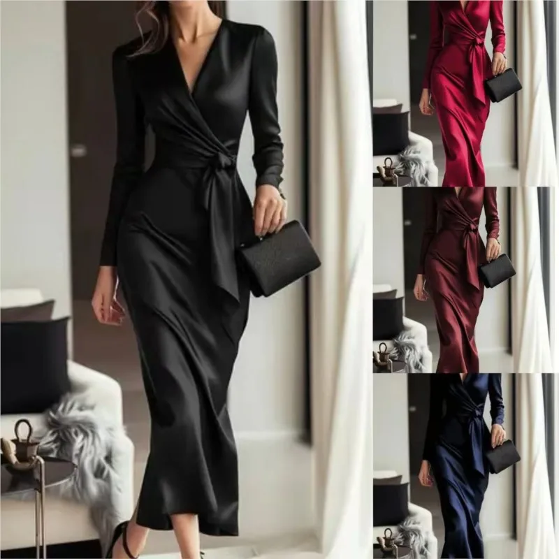 Elegante cetim com decote em v cintura cinched rendas até manga comprida vestido sólido para primavera outono moda feminina temperamento saia longa