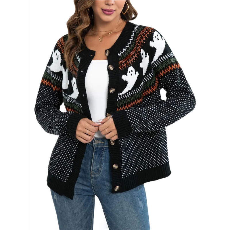 

【RECOMENDAR】Женский повседневный кардиган на массивной трикотаж с длинными рукавами на осень и зиму на пуговицах, кардиган с призраками на Хэллоуин, черный XXL