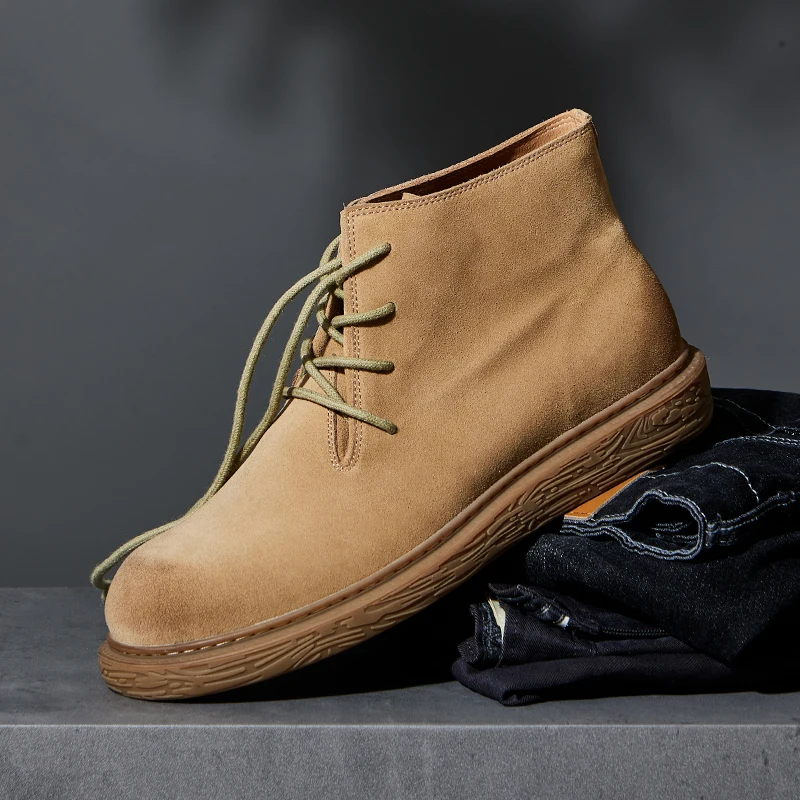 

Breathable Desert Boot Men's Genuine Leather Motorcycle Boots ort Waterproof Workwear oes round Toe Low Heel Rubber Sole