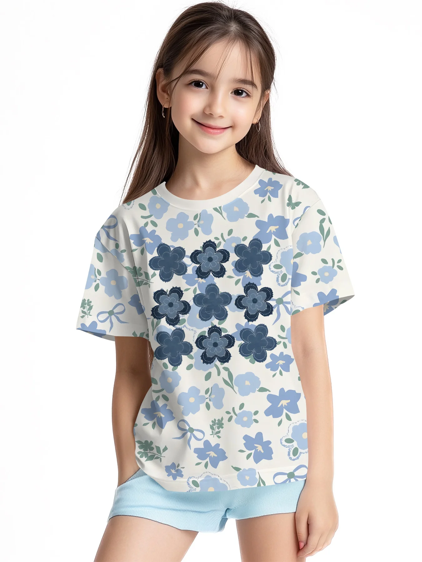 Girls Trendy Floral Tee Shirt, Delicate Blue Flower & Bow All‑Over Print Design Short Sleeve Crew Neck Toddler Daily Tee