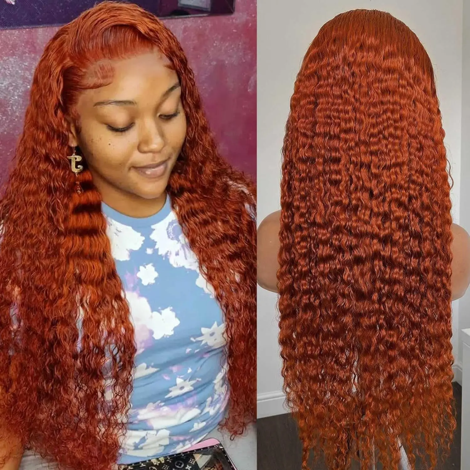 Ginger Orange Lace Front Wig Deep Wave Curly Full Lace Front 100% Human Hair Wigs Water Wave  Lace Frontal Wig Factory Price