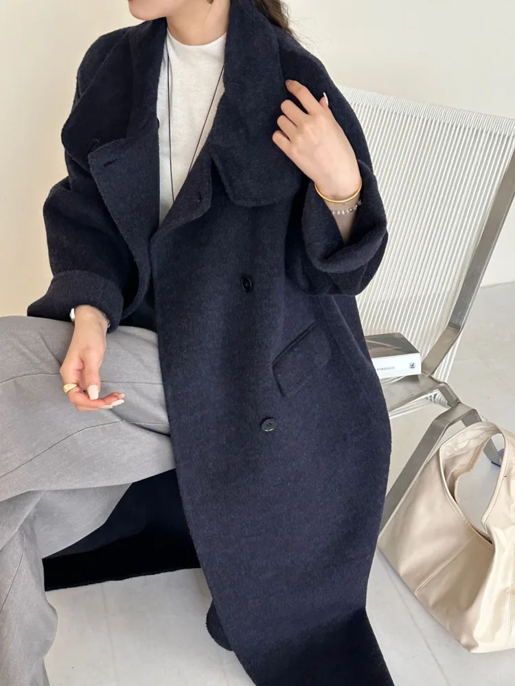 ZMEENNA Zweireihiger Damenmantel aus Wollmischung mit Stehkragen, übergroße lange Winterjacke, elegante Oberbekleidung ZM3820