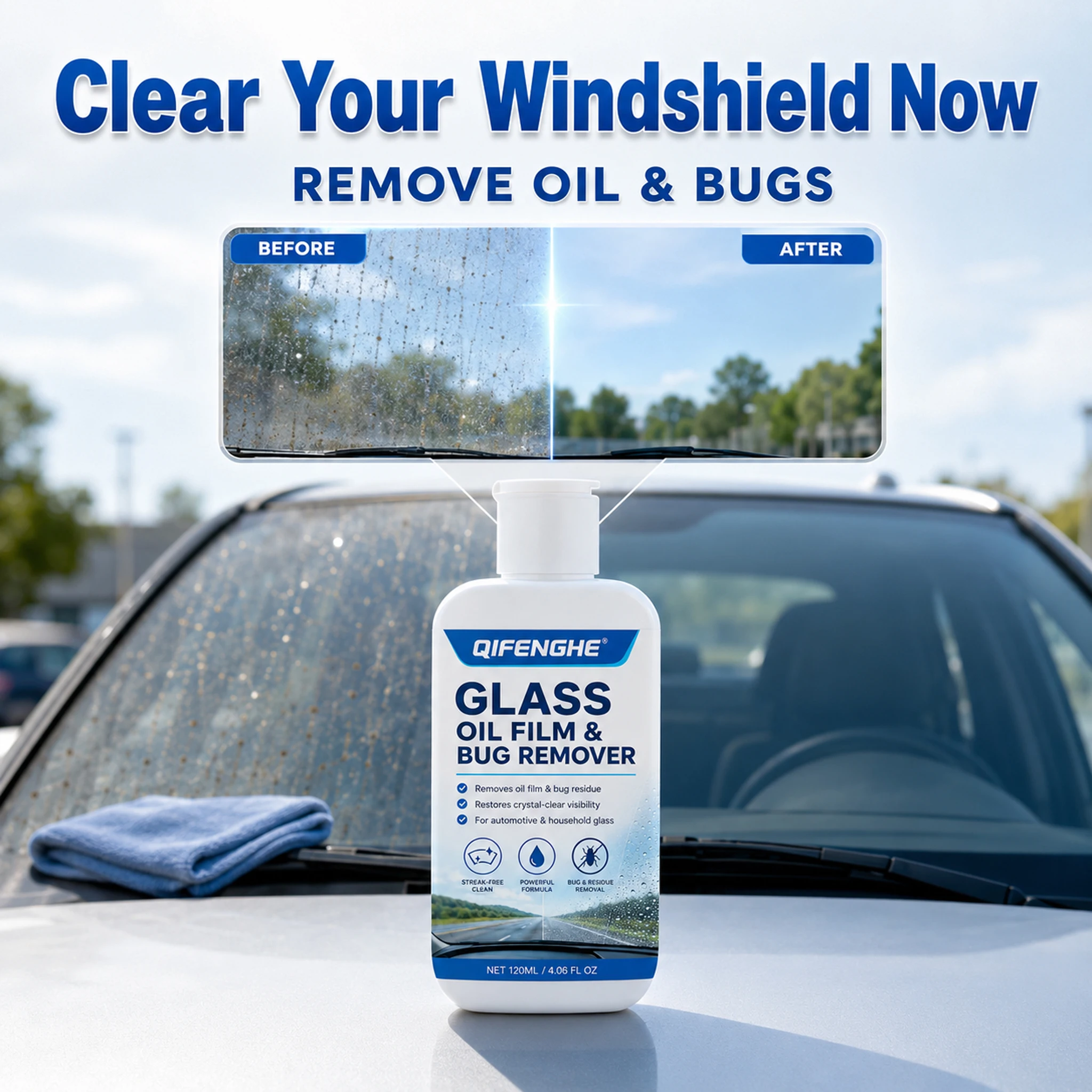 Car Glass Oil Film Remover, Windshield Bug & Grease Cleaner, Auto Window Water Spot Residue Cleaning Agent for Automotive Househ