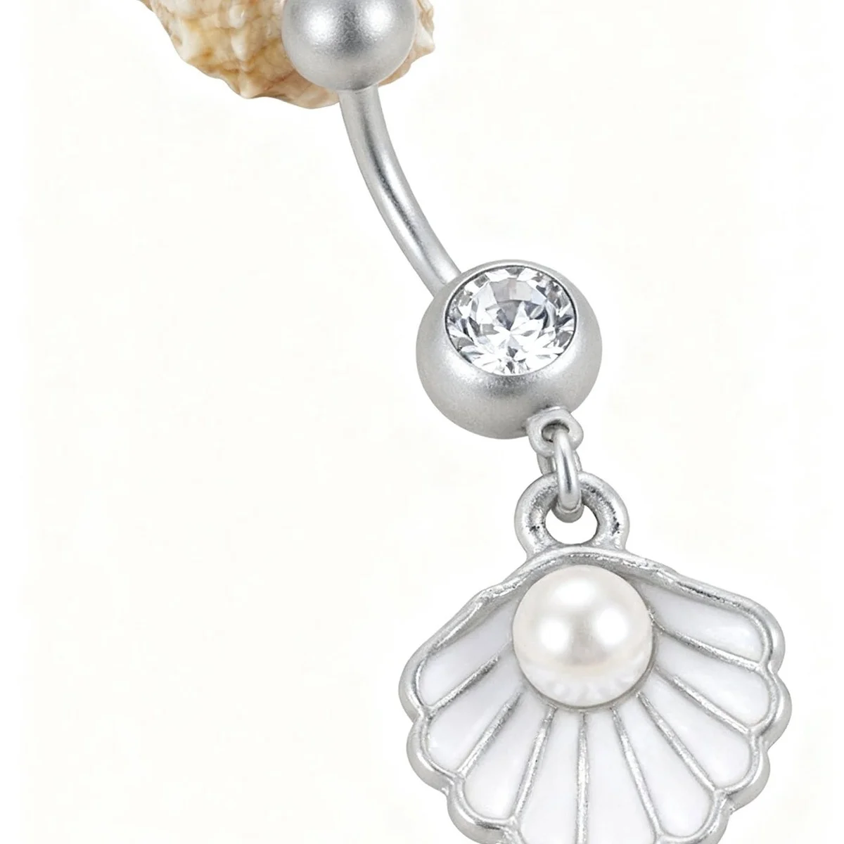 1 Stück Edelstahl Bauchnabelpiercing mit simulierter Perlenmuschel für Damen und Herren, Bohemian Sommer Muschel Bauchnabelpiercing Körperschmuck – Detail 15
