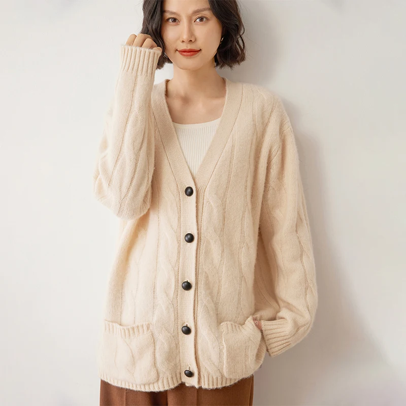 2024 Autumn Winter New 100% Cashmere Cardigan Knitted Sweater Women Loose Large Size Cardigans Lady Solid Thicken Warm Jacket