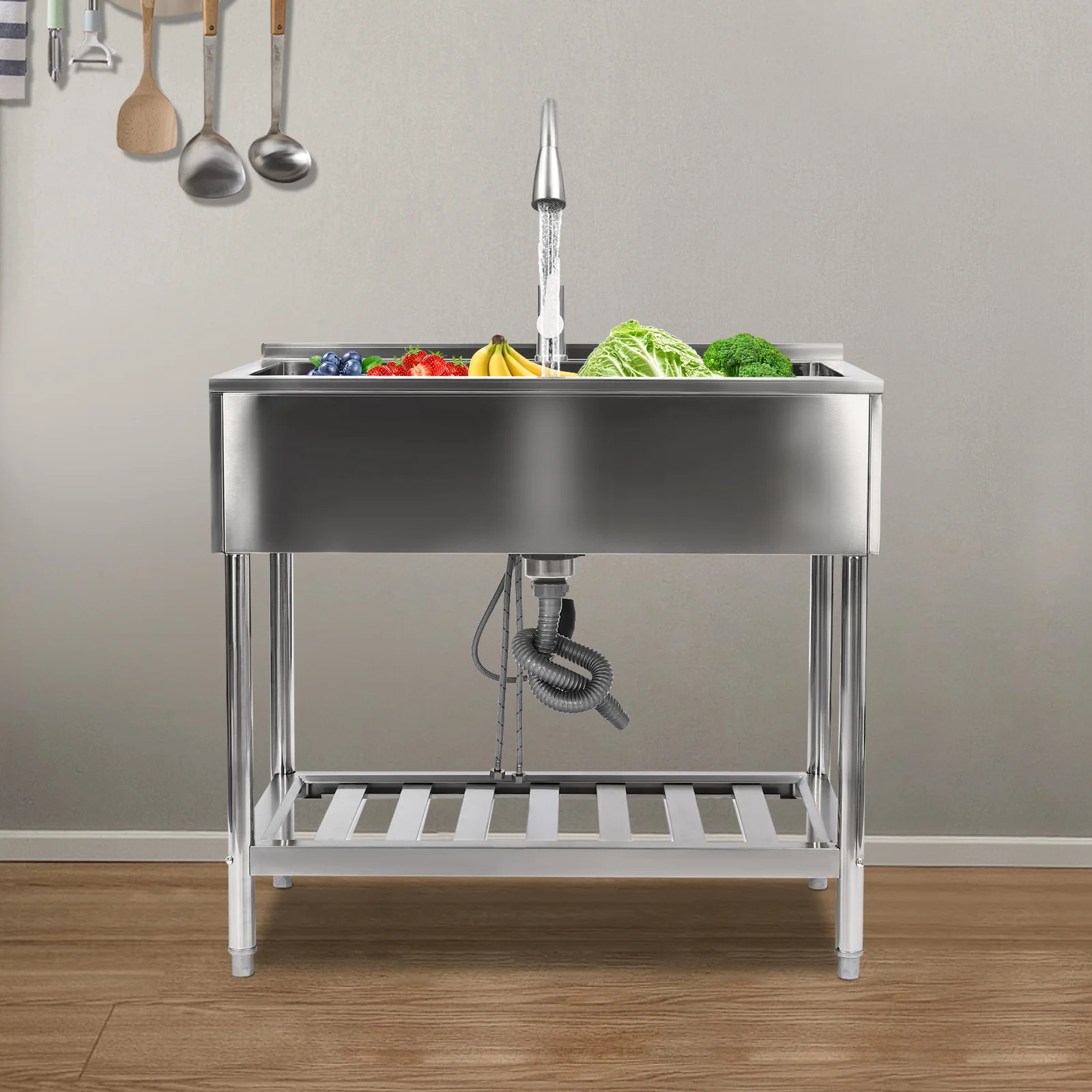 Rectangle Stainless Steel Kitchen Sink Laundry Sink Silver Sink With Faucet 91*59*87cm For Washing Utensils, Ingredients