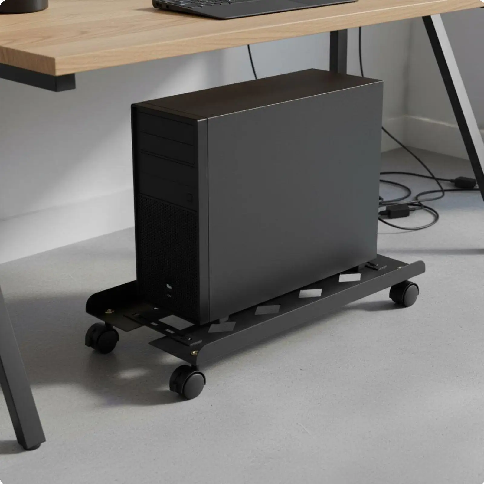 Heavy Duty Computer Case Stand Mobile CPU Tower Holder Adjustable Width Carbon Steel with Swivel Wheels for Under Desk Storage