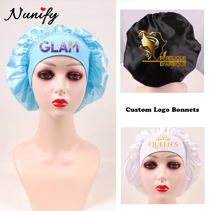 10Pcs Custom Logo Satin Bonnet With Comfortable 6Cm Wide Band Female Hair Protect Soft Hat Head Cover Caps Bathroom Accessories