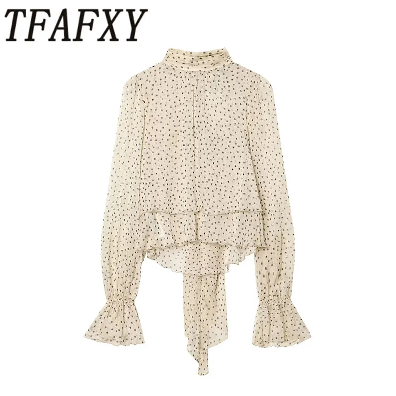 TFAFXY 2026 Spring Polka Dot Printed Women Translucent Blouse Long Sleeve Scarf Collar Loose Shirt Female Casual Top
