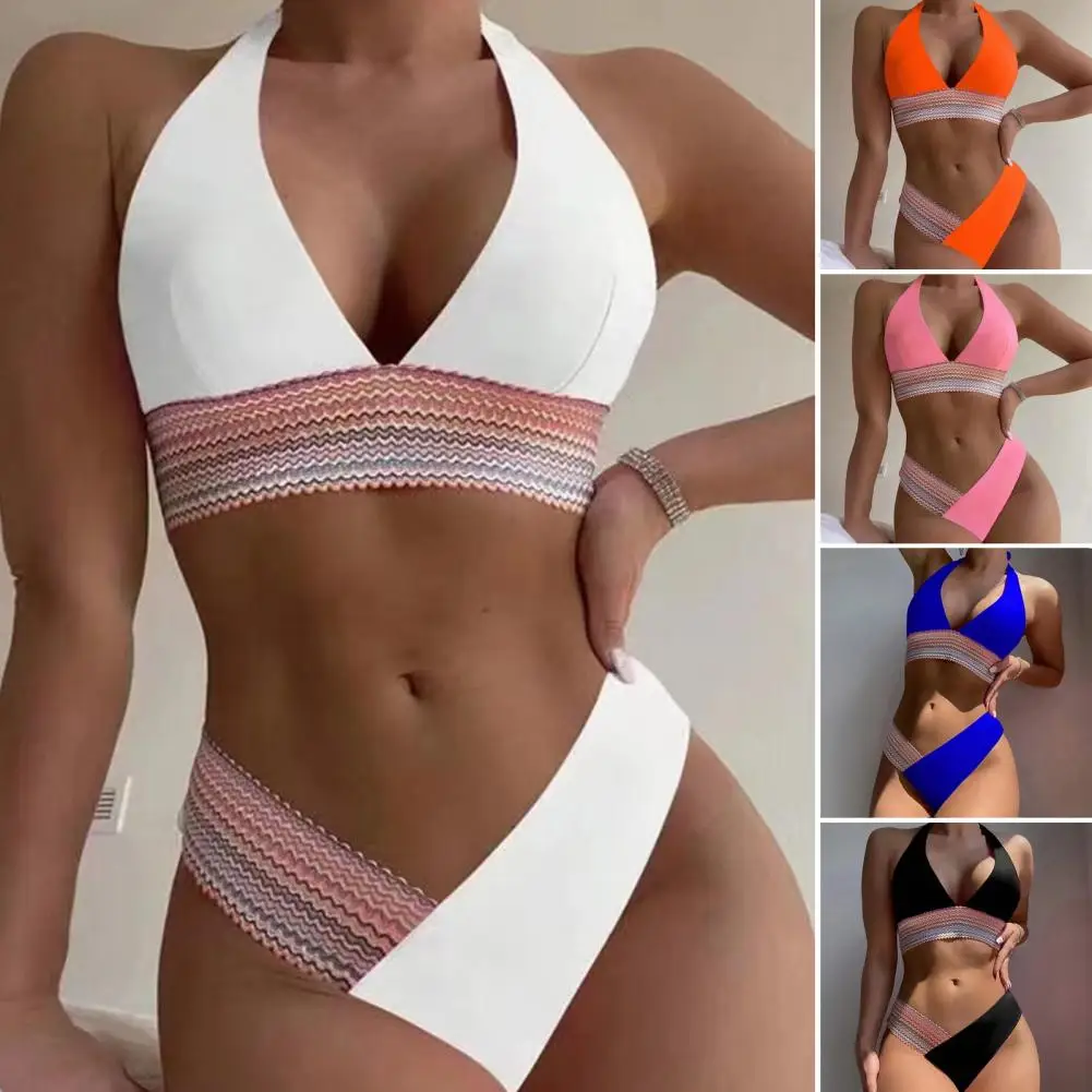 

2Pcs/Set Women Summer Bikini Set Halter Backless Bra High Waist Swimming Trunks Set Cross-Contrast Colors Beachwear