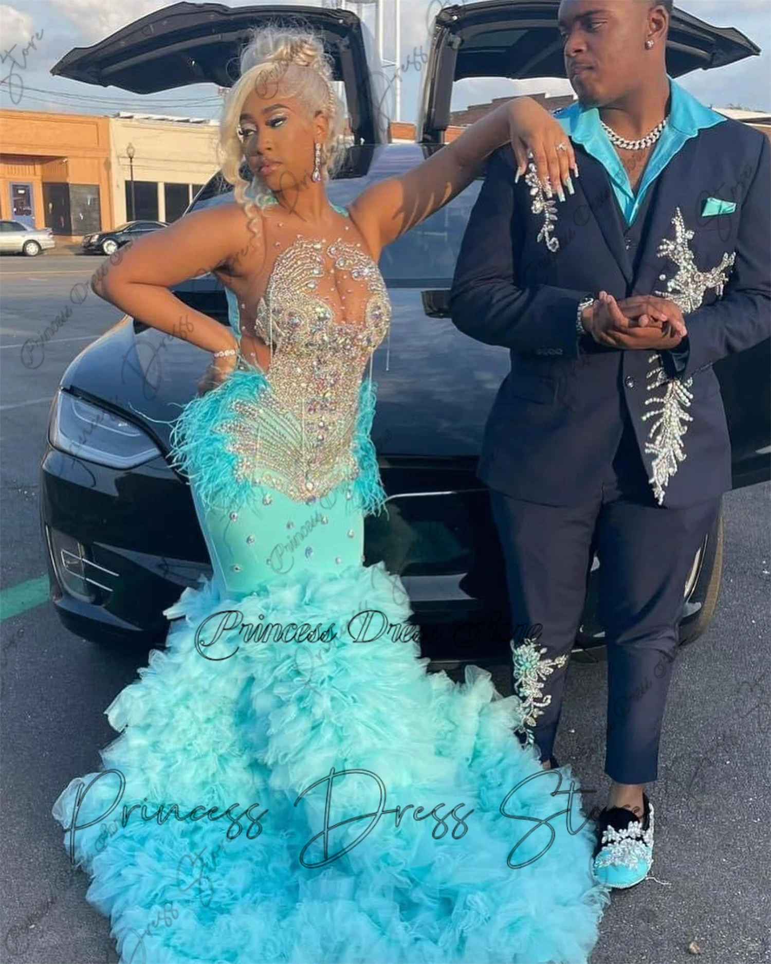 Designer Luxurious Beaded Crystal Tulle Ruched Train Prom Dresses For Black Girls Ladies Dress Special Wedding Customized