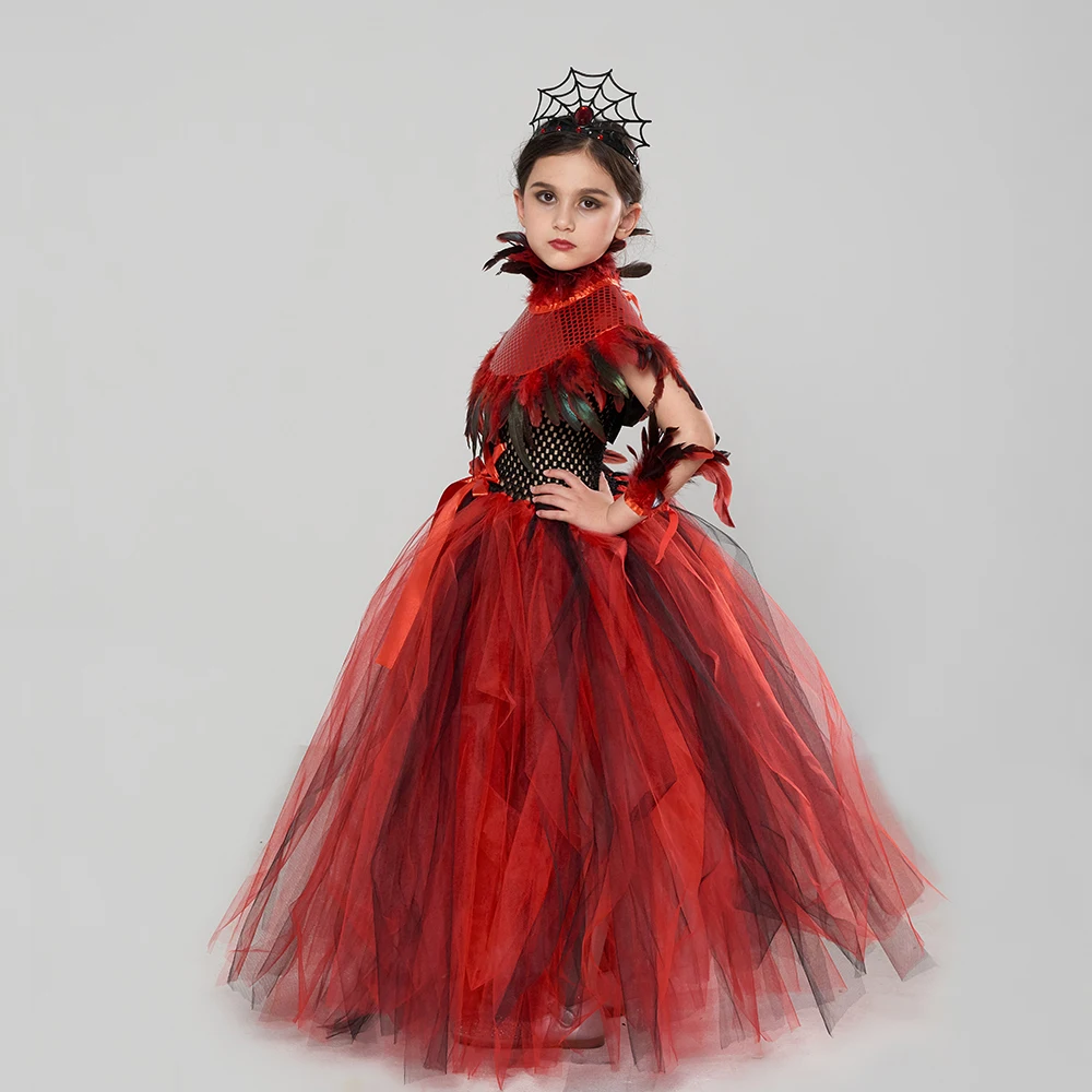 Halloween Filles Royal Vampire Enfant Costume For Mädcher Queen Dress Up Clothing Fancy Gown Dress With Feather Sequin Shawl