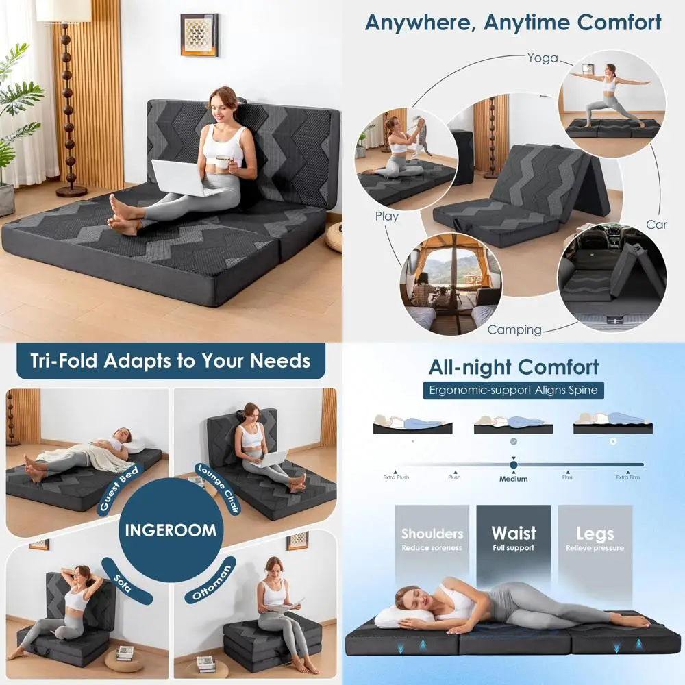 

Folding Memory Foam Mattress Queen Size - 6 Inch for Camping with Carry Handle and Anti-Slip Floor