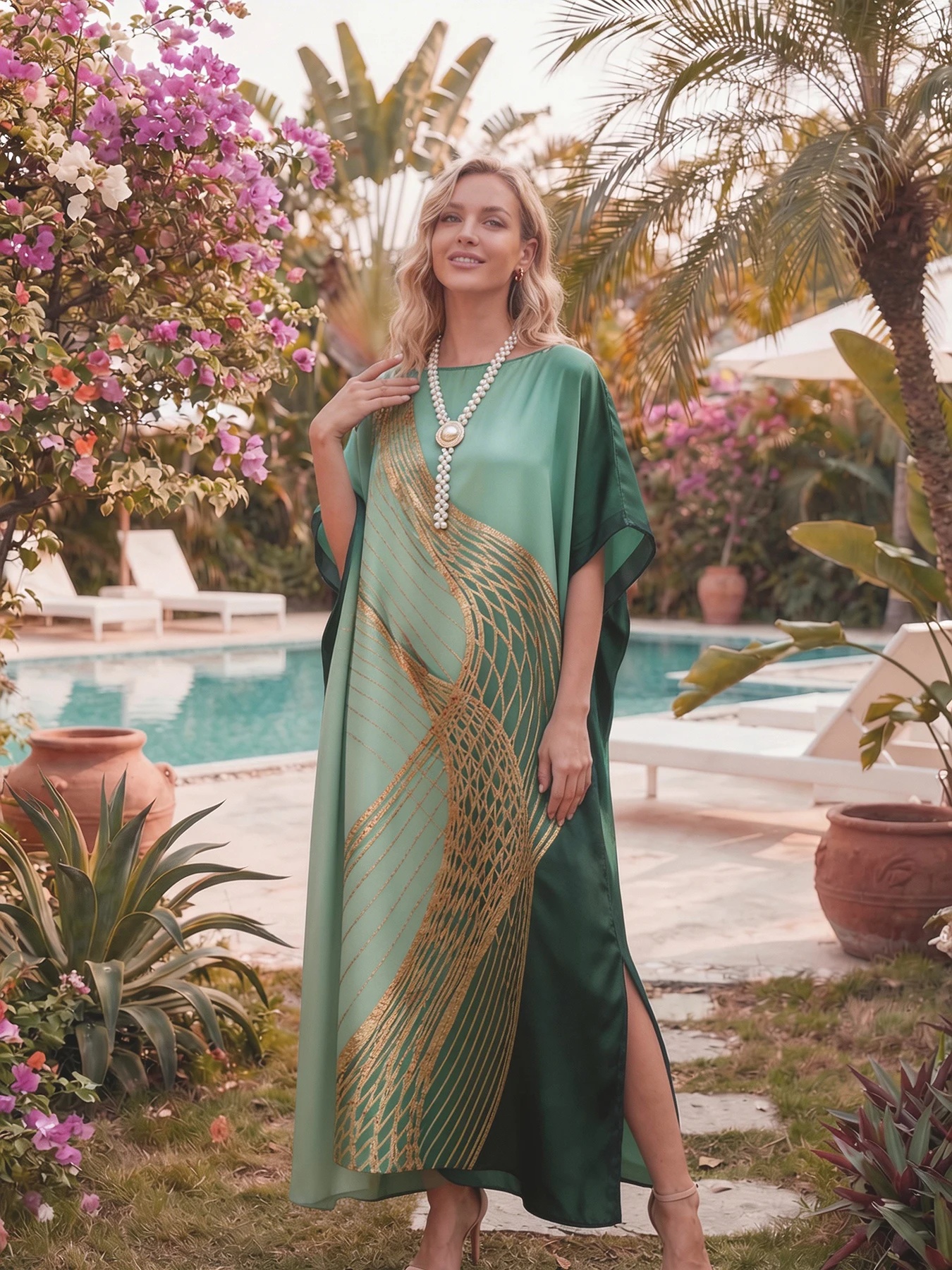 

New Style Long Loose Silk Blend Beach Cover up Dress Middle East Pattern Print Elegant Long Robe Dress for Women With Accessory