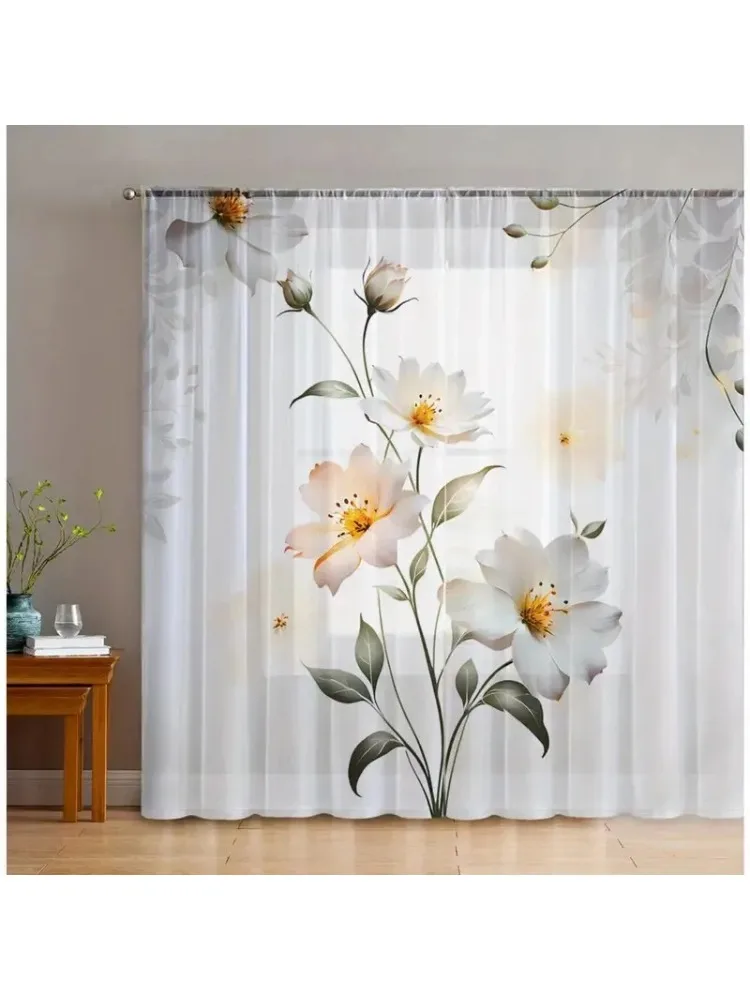 Rideaux à fleurs blanches claires douces et élégantes, 2 pièces, adaptés à l'étude/utilisation quotidienne, style simple, style poteau