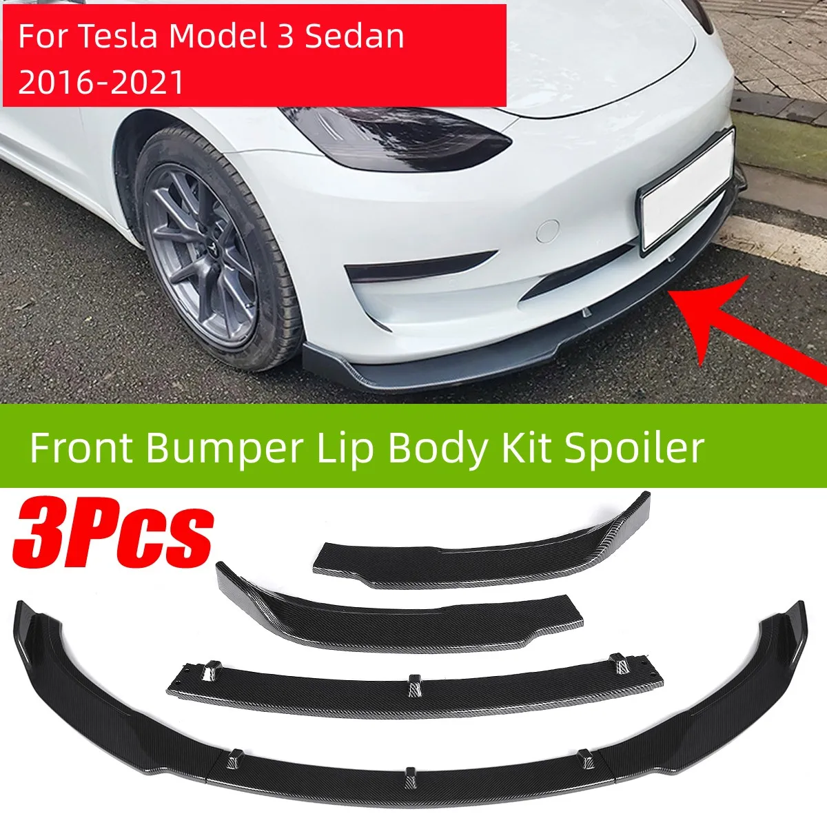 

3Piece Car Front Bumper Splitter Lip Body Kit Spoiler Diffuser Guard for Tesla Model 3 Sedan 2016-2021 Carbon Fiber Look/Black