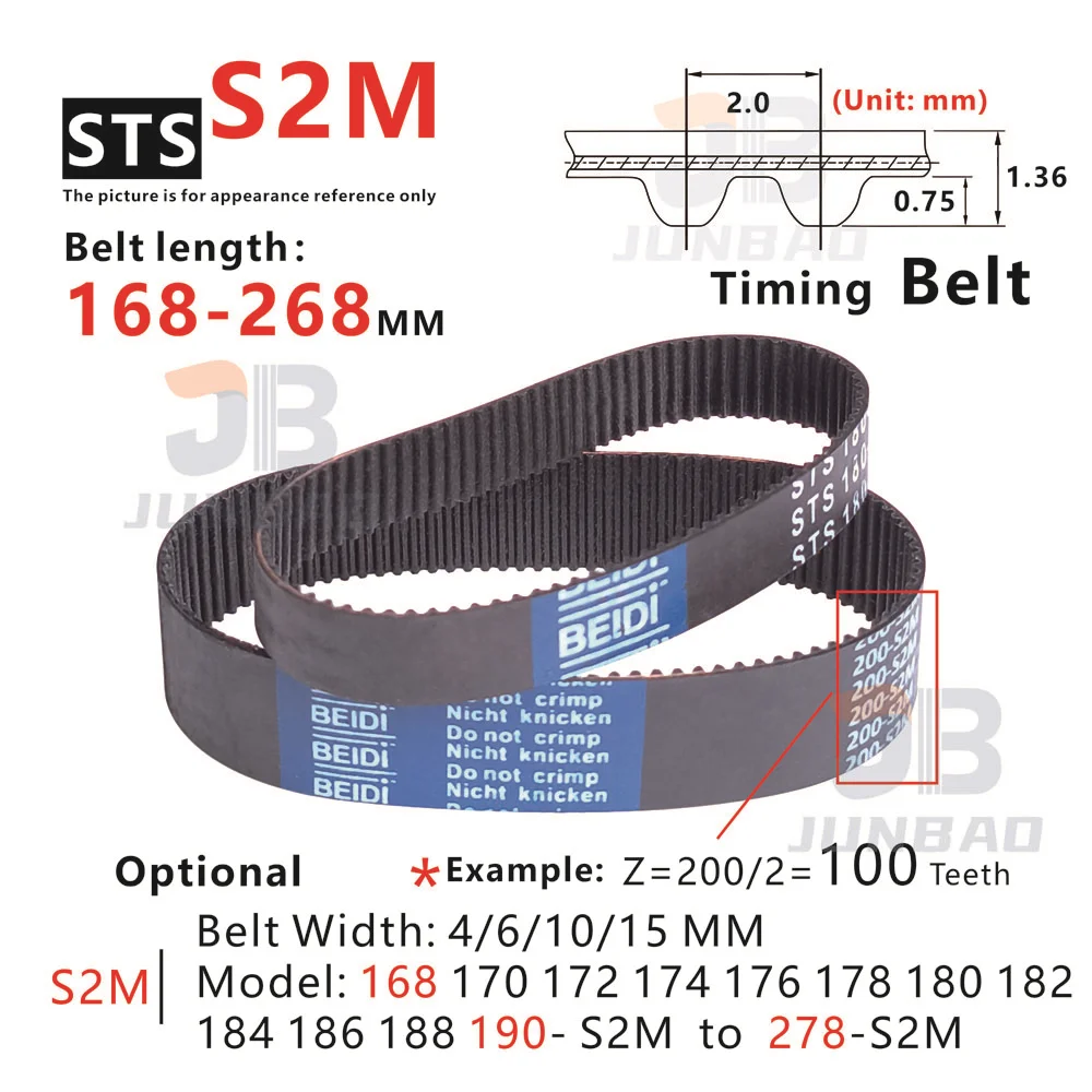 

168-268mm S2M Timing Belt 168-S2M to 268-S2M suitable for conveying systems such as DIY/CNC/3D printers Synchronous tooth Belt