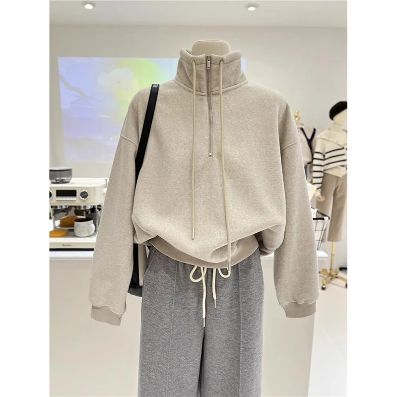 

Half Zippers Stand Collar Sweatshirts Women Spring Autumn Retro Full Sleeve Tops Korean Style All-matched Sweatshirt Female