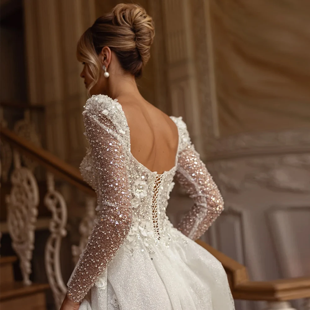 Luxury Beaded A Line Wedding Dresses Sweetheart Long Sleeve Bridal Gown Corset Top with 3D Flower Robe De Mariee for Bride