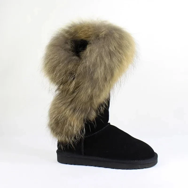 Fashion Natural Fox Fur Women Boots Genuine Leather Lady High Snow Boots Warm Winter Boots Cow Suede Plush Lining Long Shoes
