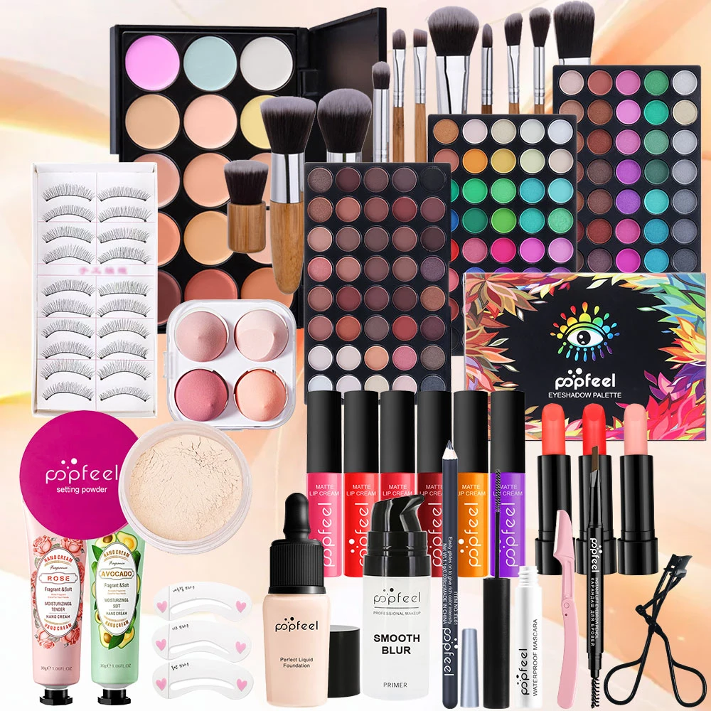 مجموعة مكياج نسائية متعددة الوظائف من POPFEEL - مجموعة مستحضرات تجميل صديقة للمبتدئين مع لوحة ظلال عيون وأحمر شفاه وكريم لليدين