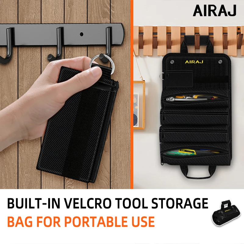 AIRAJ Sac à outils enroulable de 18 pouces, 4 grandes poches fixes et 2 petites poches détachables, organisateur multi-outils en tissu Oxford ﻿