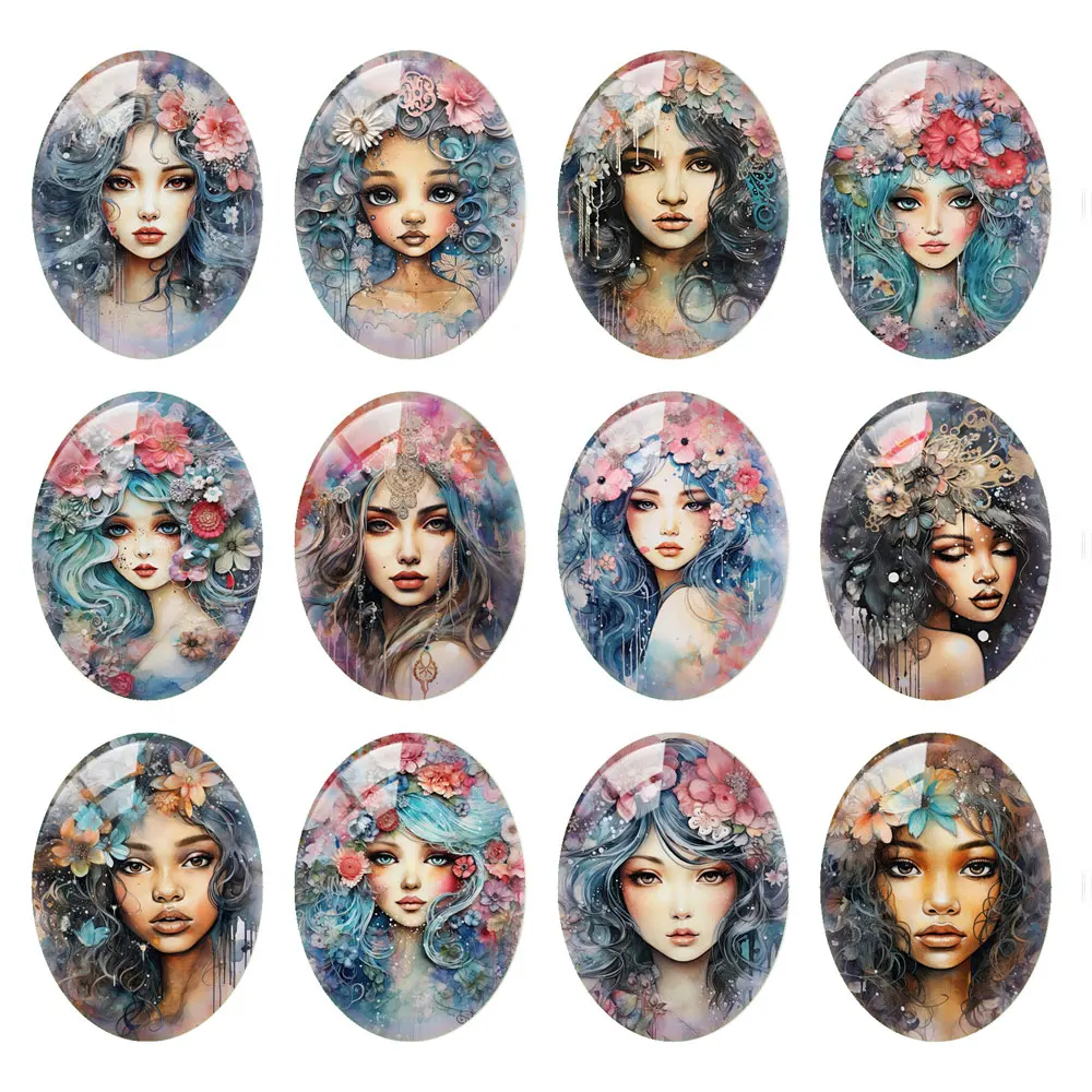 

10pcs/lots Beauty Flower Girl Oval Photo Glass Cabochon Charms Demo Flat Back Cameo For Diy Jewelry Making Finding Accessories