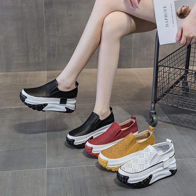 2026 7cm Genuine Leather Women Vulcanized Platform Wedge Chunky Sneaker Casual Stable Fashion Skate Boarding High Brand Shoes