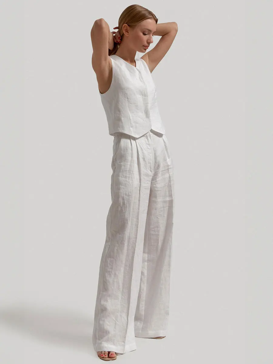 Linen Two Piece Wide Leg Pants Set Work Office Lady Vest+Pants Set For Summer Casual Pure White V-neck Sleeveless Vest Tousers