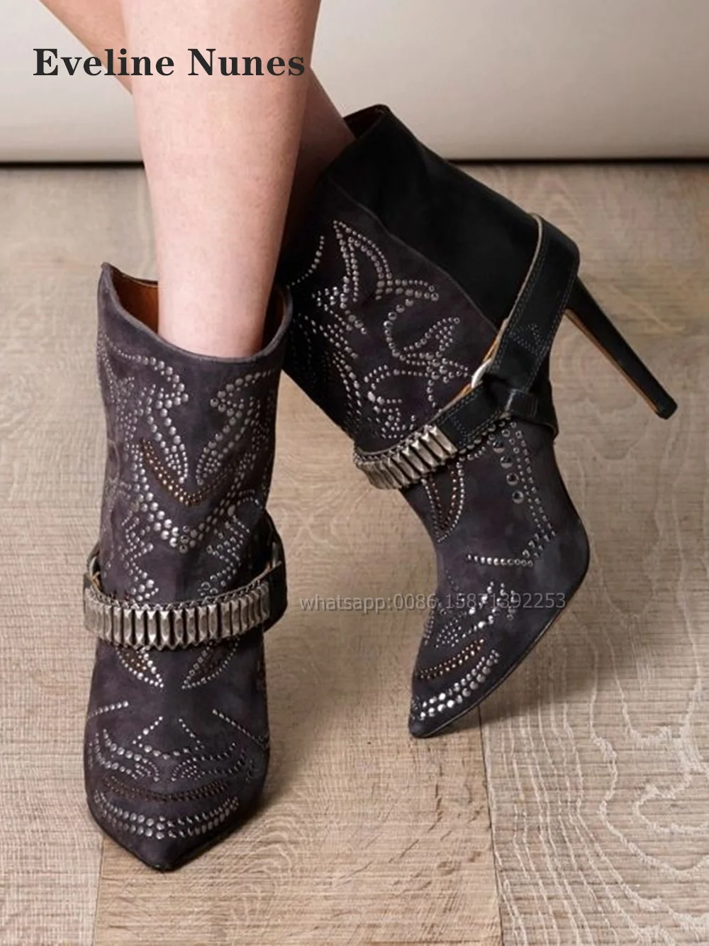 

Crystal Rhinestone Embellished Ankle Boots Pointed Toe Thin Heels Belt Buckle Patchwork Women Booty Pull On Solid Ethnic Shoes