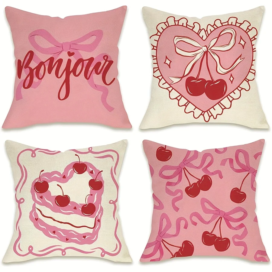 4pcs, Pink Coquette Bow Decoration Throw Pillowcase, Preppy Style Bonjour Cherry Love Cake Porch Patio Outdoor Pillowcase