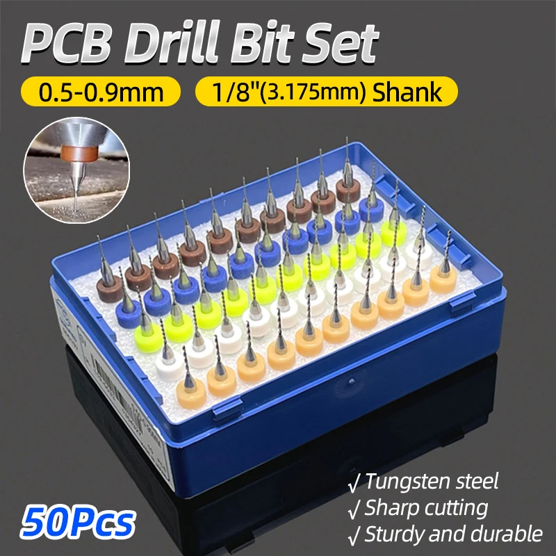 

50Pcs Carbide Micro Drill Bits Set 05-09mm Shank 1/8 PCB Circuit Board CNC Engraving Drilling Tools