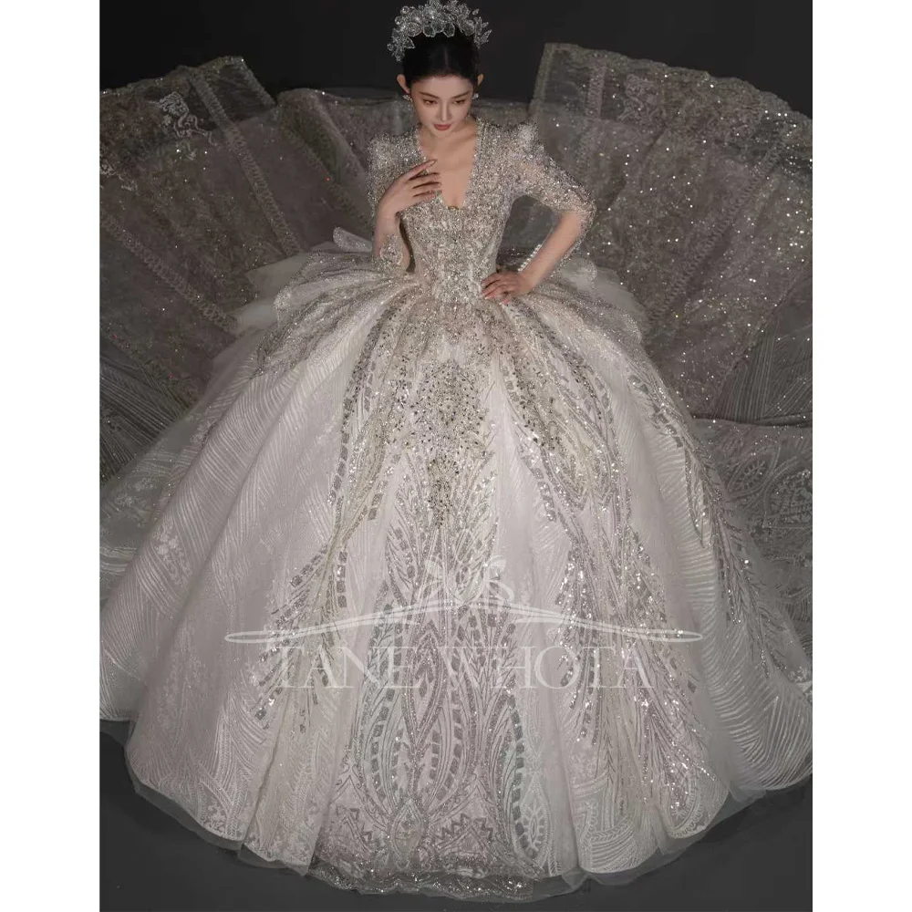 

V-Neck Long Sleeve Wedding Dress Lace Up Beaded Sequined Ball Gown Customized Elegant Vestidos De Boda