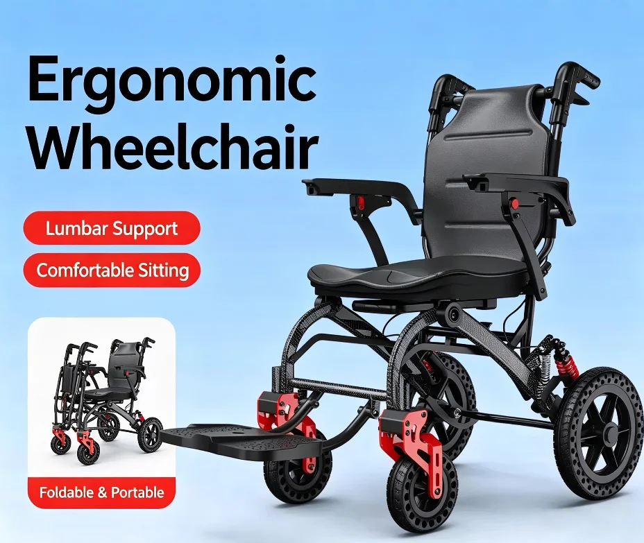 Folding Travel Wheelchair, Lightweight Portable Rehabilitation Chair with Shock-Absorbing Four Wheels for Elderly