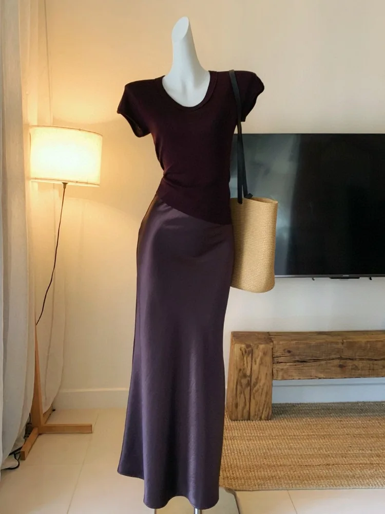 Purple Slim Fit Short Sleeve Knitted Top And High Waist Fish Tail Half Skirt Two Piece Set Smooth Acetate Satin Surface