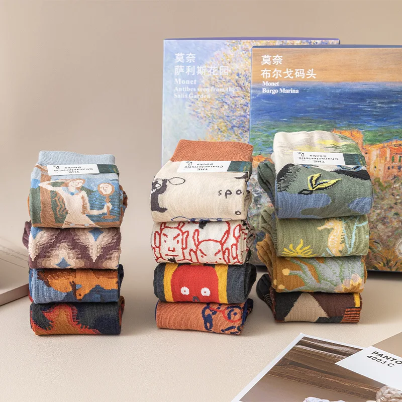 Monet series oil painting style autumn and winter new French light luxury niche cotton socks