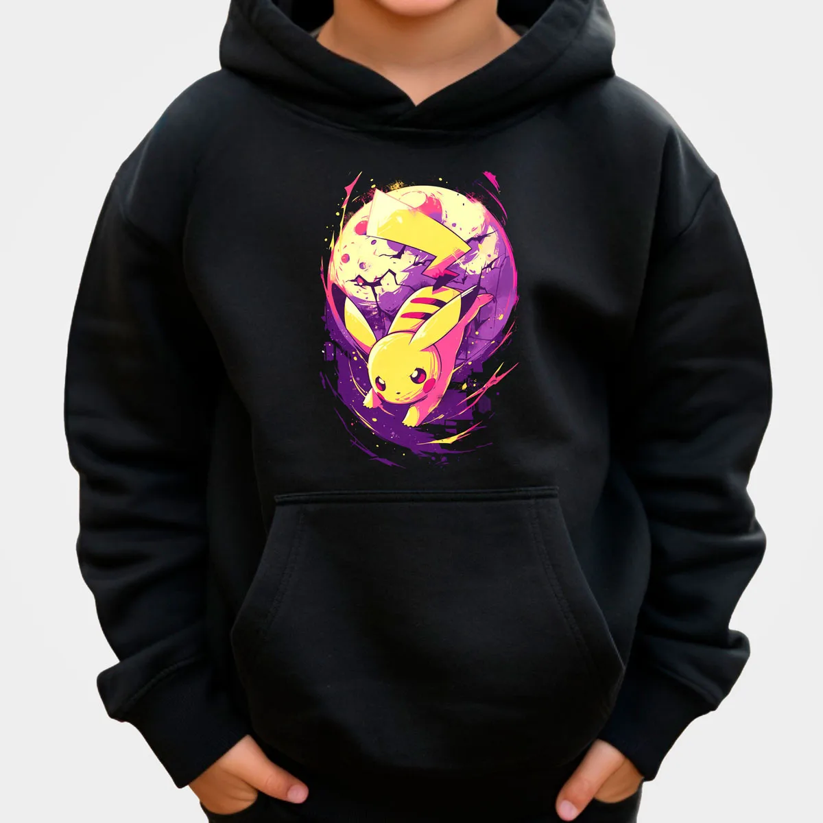 Pokemon Anime Pikachu Cotton Hoodie Black with Yellow Character Breaking Purple Energy Sphere Cracked Effect Loose Fit Casual