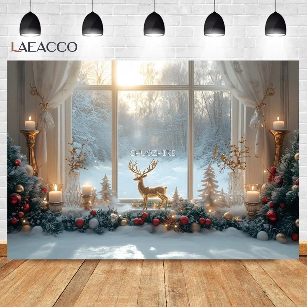 عيد الميلاد الأيائل التصوير خلفية نافذة خارجية الثلوج الشتاء العجائب الأسرة الاطفال عيد الميلاد عطلة ديكور خلفية استوديو الصور