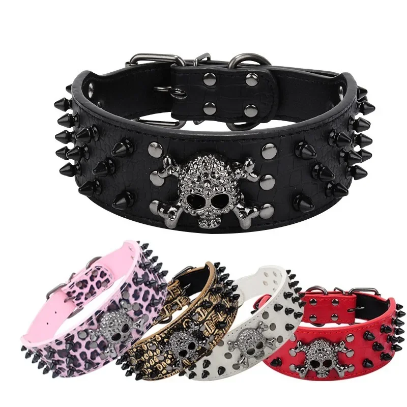 Halloween Black Skull Rivet Pet Adjustable Collar Anti-Bite Dog Chain Medium and Large Pu Dog Harness Dog Accessories