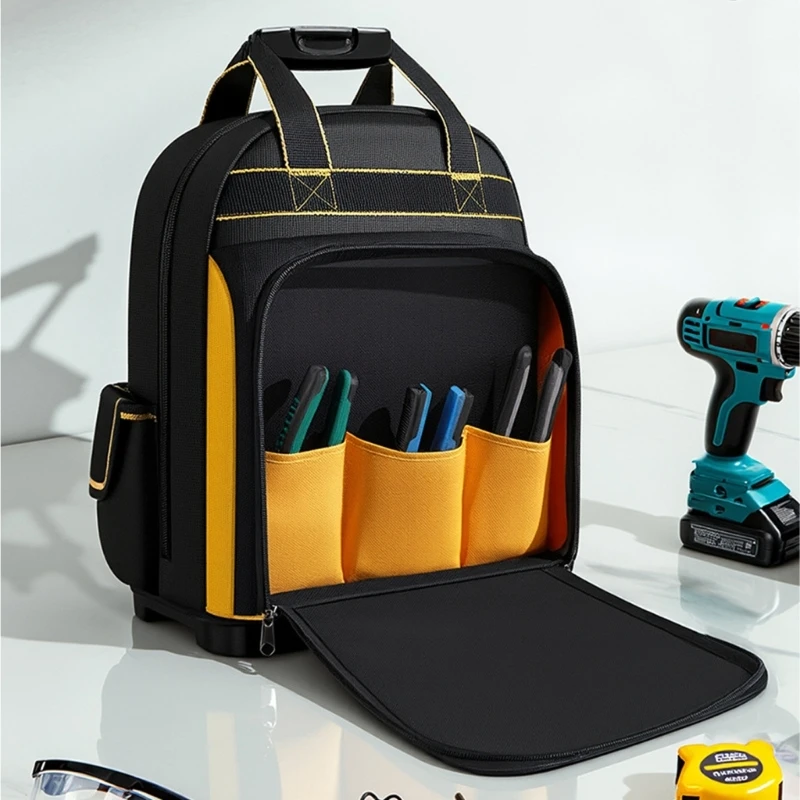 Tool Storage Backpack with Structured Plastic Base, Thick Fabric Body and Zippered Compartments for Maintenance and Repair D2RD