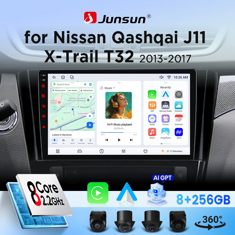 Autoradio Junsun pour Nissan Qashqai J11 X-Trail 3 2013-2017, CarPlay, Android Auto, FM, RDS, DSP, BT, GPS, Navi, SWC, écran tactile HD IPS, Plug & Play, lecteur multimédia, appels mains libres, style d'origine, unité principale
