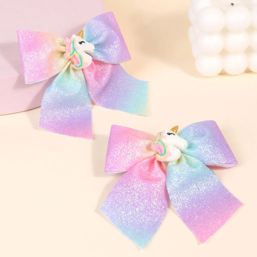 2Pcs Shinng Ribbon Bows Hair Clip For Baby Girls Cute Unicorn Children Hairpin Kids Bowknot Barrettes Headdress Girls Gifts