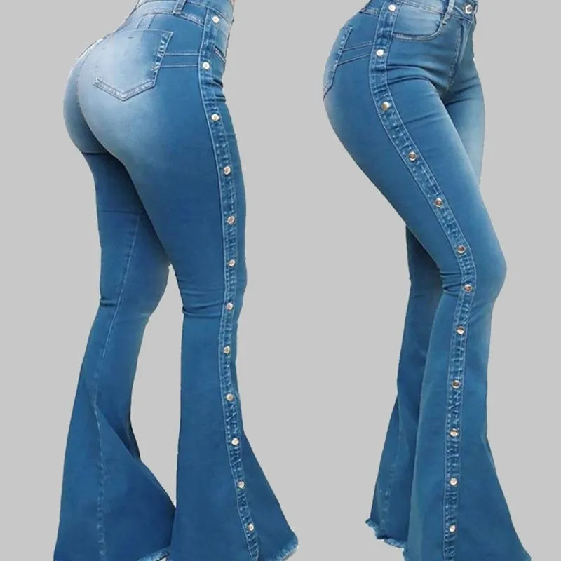 Women's Casual High Waist Stretch Flare Jeans Denim Pants Wide Leg Butt-lifted Skinny Bell Bottom Pocket