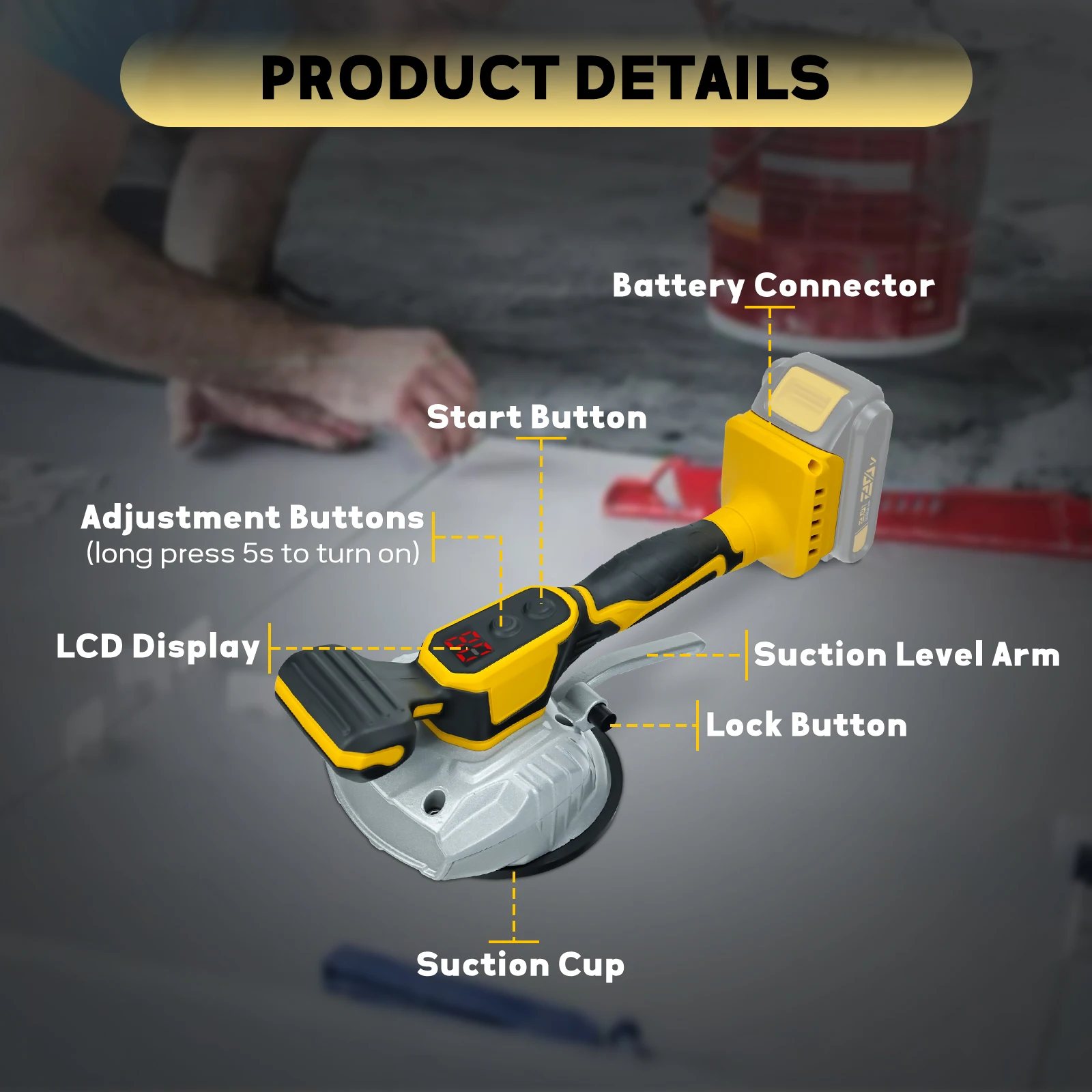 Livellatrice a vibrazione per piastrelle senza fili per batteria Dewalt 8 velocità regolabili, ventosa e display digitale (senza batteria)