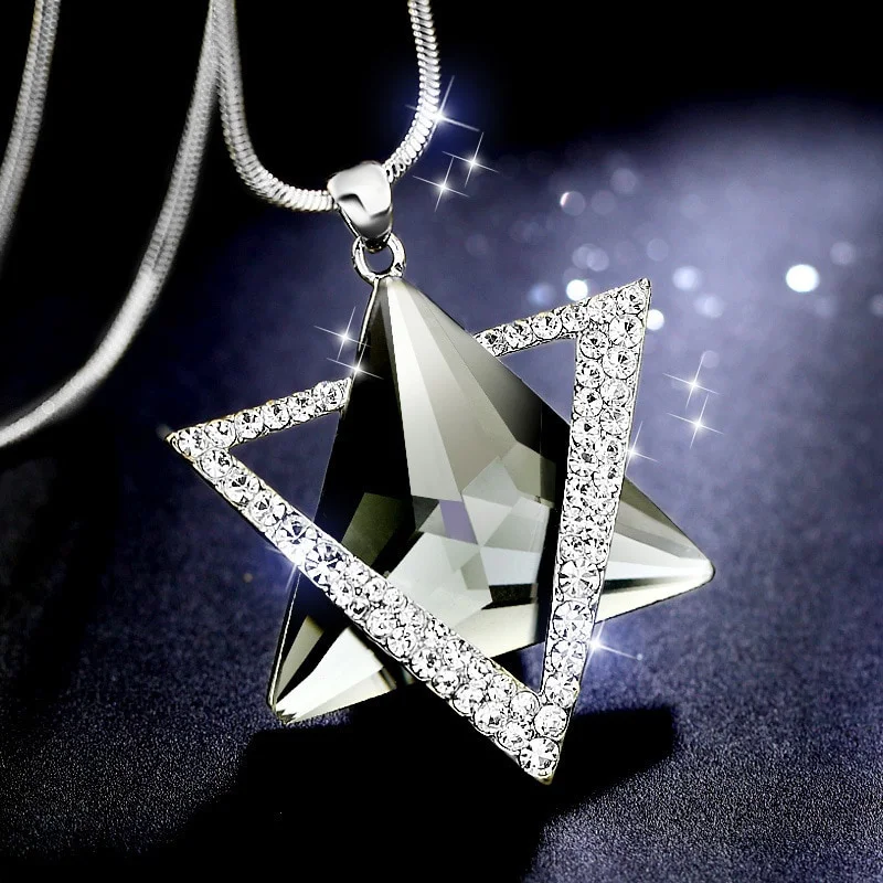 Korean Triangle Crystal Diamond Six-pointed Star Pendant Necklace for Women Sweater Chain Necklace Jewelry Collares Para Mujer