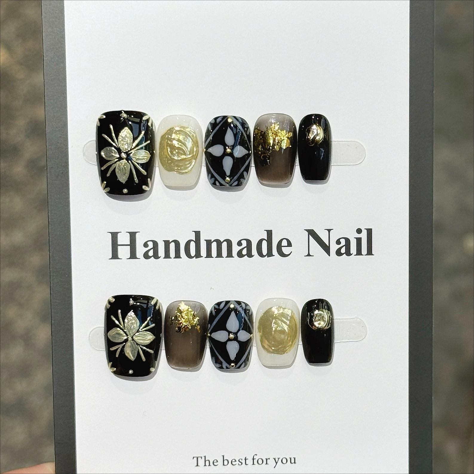 เล็บปลอมแบบกดติด 10 ชิ้น ทรงสี่เหลี่ยมสไตล์ฝรั่งเศส งานแฮนด์เมด ลายไข่มุก 3 มิติ ดีไซน์ย้อนยุค