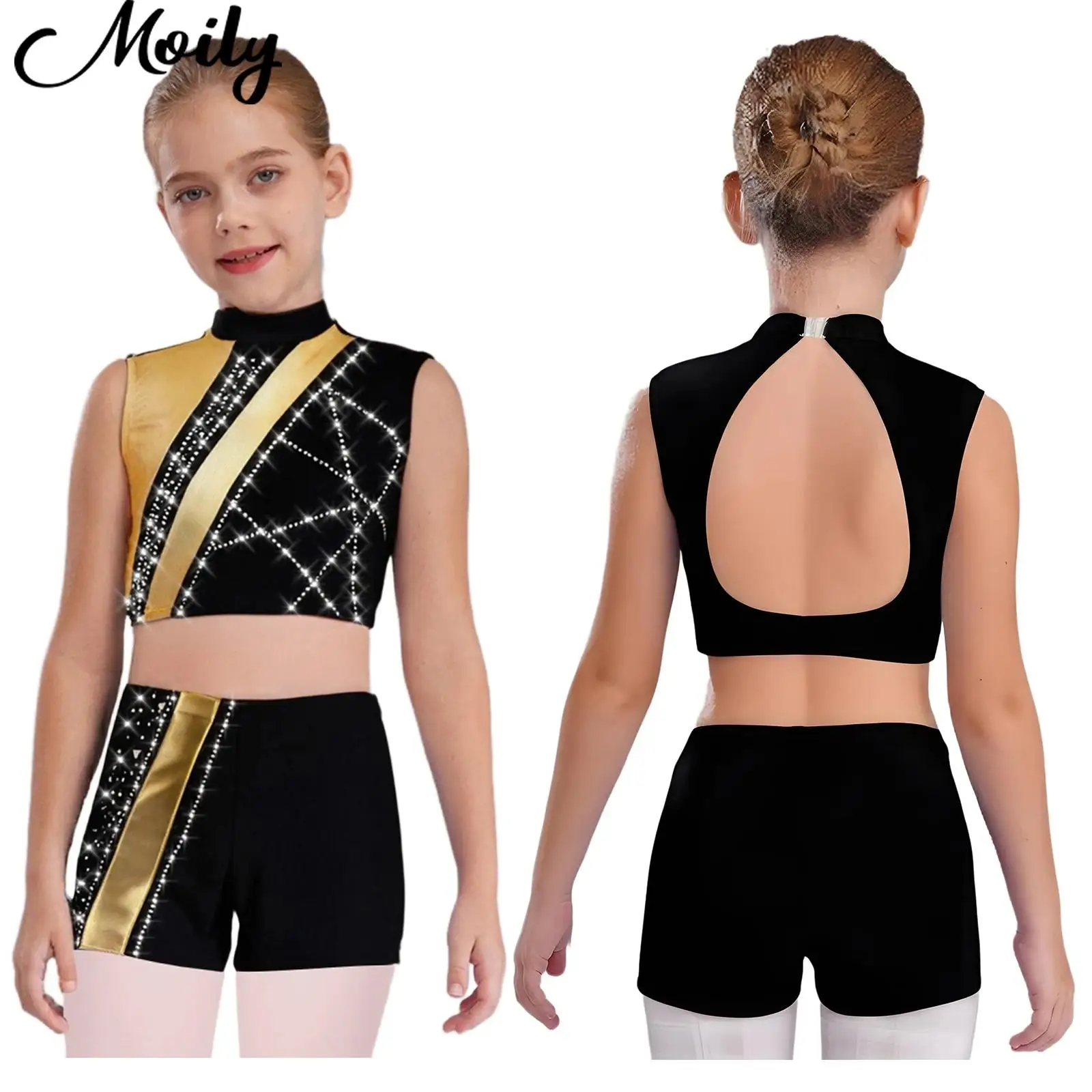 Ragazze adolescenti Pattinaggio di figura Ginnastica Vestito Balletto Danza Performance Costume Senza maniche Ritaglio Indietro Strass Crop Top + Pantaloncini