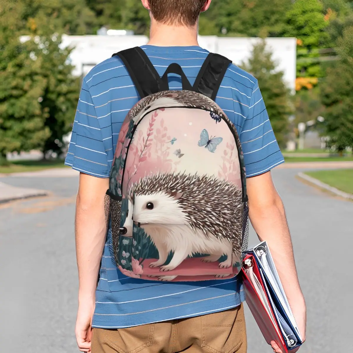 Hedgehog Floral Butterfly Realistic Art Backpack Student BookBag Kids School Bag Laptop Shoulder Bags for Boys Girls