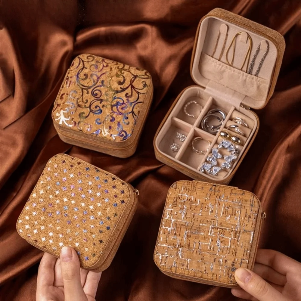 Retro portátil caixa de armazenamento de jóias fecho com zíper mini organizador de jóias em camadas caixa de jóias anel brincos