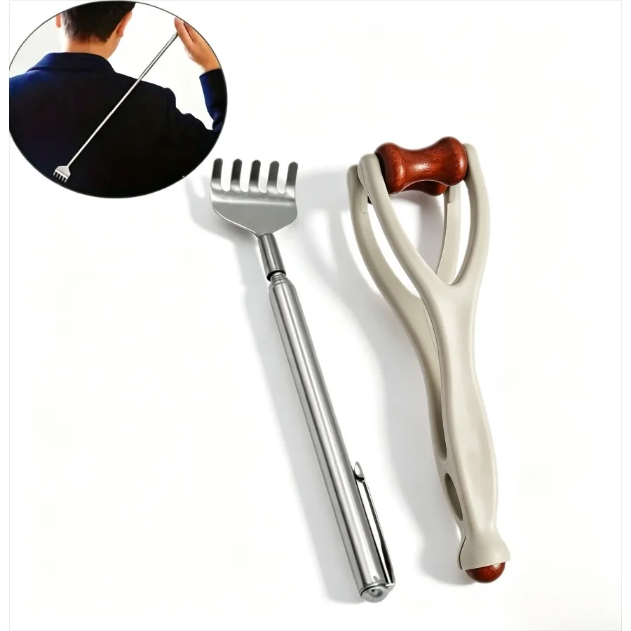 Back Scratcher & Hand Massager Set: Extendable Scratch Tool for Back + Rolling Bead Finger Roller, Portable Kit, Great Gift